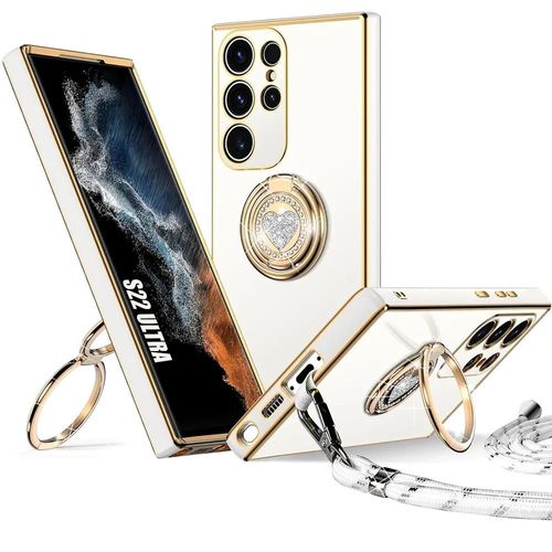 Coque Pour Samsung Galaxy S22 Ultra, Protection Silicone Antichoc Avec Cordon Et Anneau Motif Coeur - Blanc - E.F.Connection