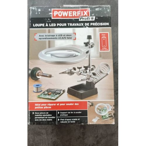 Vend support avec pince et loupe pour souder, assembler de l' électronique, ou des maquettes. Éclairage avec LED. 3 piles AAA fournies. Jamais servi.
