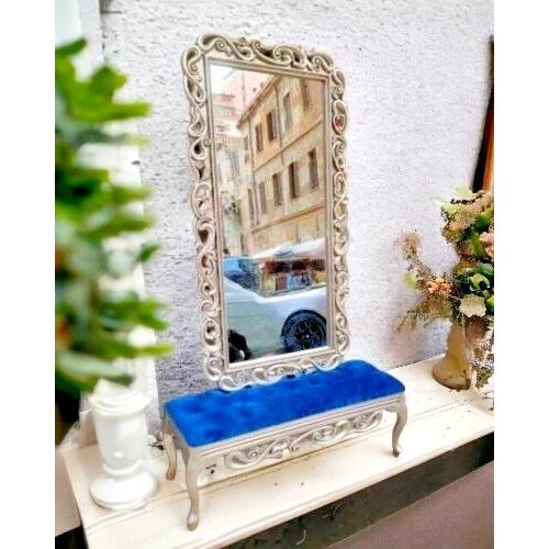 Une Banquette Avec Miroir Style Louis Xv En Bois Hêtre Sculpté, Bleu Et Argent