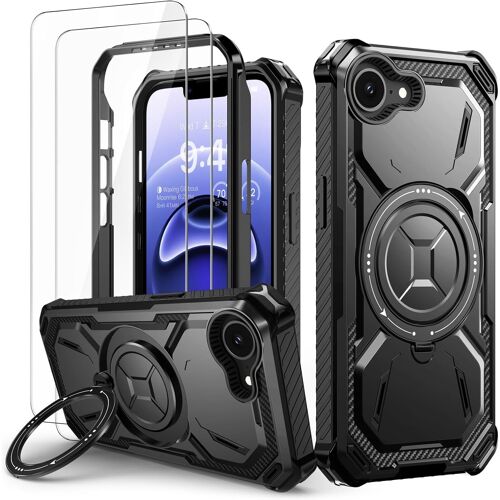 JGD-Coque pour iPhone 16e avec 2 Verre Trempé, Antichoc Étui de Militaire Protection, Anneau Support Renforcée Armure Etui pour iPhone 16e Housse, Noir
