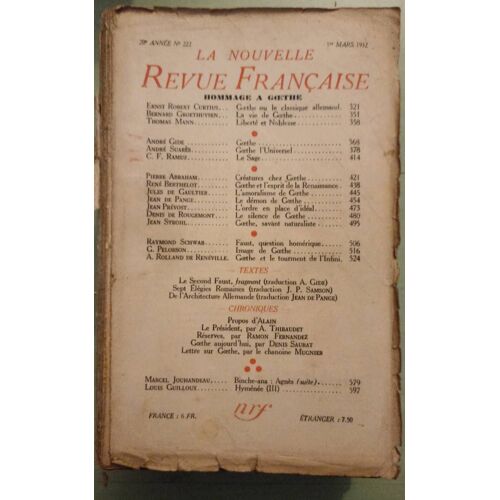 La Nouvelle Revue Française (1908-1943) N° 222 Mars 1932 - Hommage À Goethe