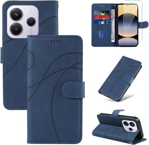 LORANKA-Coque pour Xiaomi Redmi Note 14 5G (Pas pour 4G) avec 1 Pièce Protection Écran en Verre Trempé, Housse PU Cuir à Rabat Flip, Étui Support et Portefeuille Fonction (Bleu)