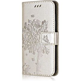 Coque Pour Samsung Galaxy Core Prime, Etui En Cuir Pu Portefeuille, Antichoc Flip Case Housse Rétro Emboss Série De Chat Et D'arbre Pour Samsung Galaxy Core Prime - Or