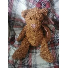 Doudou Peluche Ours Chien Marron Bouclettes Nez Ruban Vichy Rouge Billes Gipsy