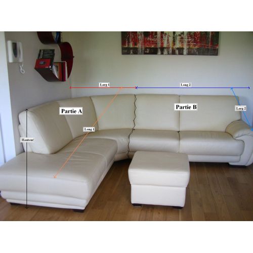 CANAPE D'ANGLE 7 PLACES MERIDIENNE EN CUIR (AVEC POUF)