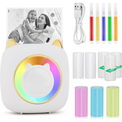 Imprimante Photo Portable, Mini Imprimante Photo Instantané Sans Fil, Imprimante Thermique Sans Fil Bt Imprimante Mobile Avec Led À Sept Couleurs, Imprimante Pour Photos Liste D'Étiquettes