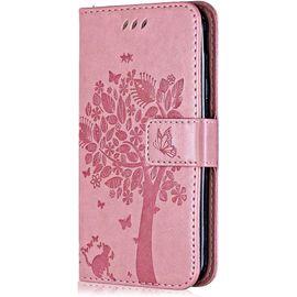 Coque Pour Samsung Galaxy Core Prime, Etui En Cuir Pu Portefeuille, Antichoc Flip Case Housse Rétro Emboss Série De Chat Et D'arbre Pour Samsung Galaxy Core Prime - Rose