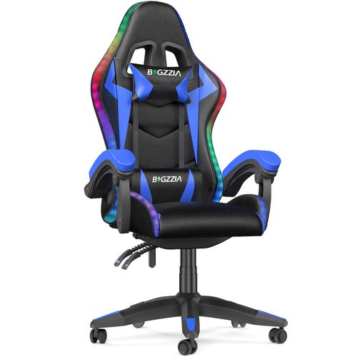 Chaise Gaming Avec Led Rgb, Dossier Inclinable À 155°, Fauteuil Gamer En Pu, Charge 136 Kg, Bleu