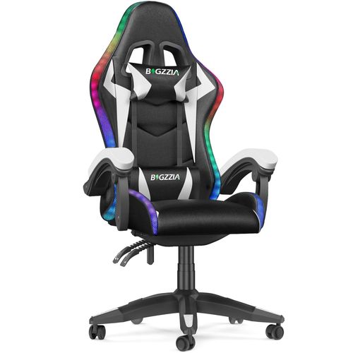 Chaise Gaming Avec Led Rgb, Dossier Inclinable À 155°, Fauteuil Gamer En Pu, Charge 136 Kg, Blanc
