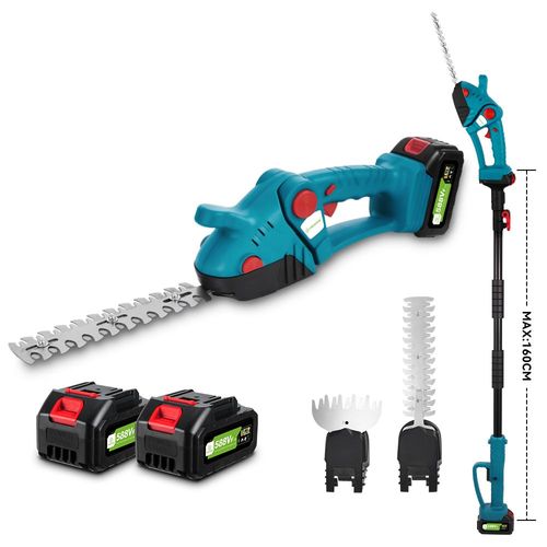 Taille-haies télescopique 3 in 1, perche télescopique 1,6 m, Longueur de Coupe 23cm et 13cm, Tête Inclinée à 90°，Avec 2 x batteries