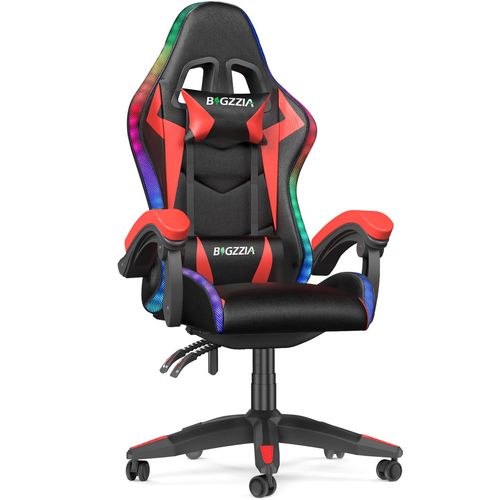 Chaise Gaming Avec Led Rgb, Dossier Inclinable À 155°, Fauteuil Gamer En Pu, Charge 136 Kg, Rouge