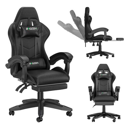 Fauteuil Gamer, Chaise Gaming Avec Repose-Pieds Télescopique, Dossier Inclinable À 155°, Avec Lombaire&appui-Tête Appui, Noir