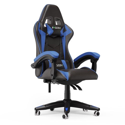 Chaise Gaming Inclinable 135°, Siège Confortable En Cuir, Fauteuil Gamer Ergonomique, Appui-Tête, Support Lombaire, Bleu