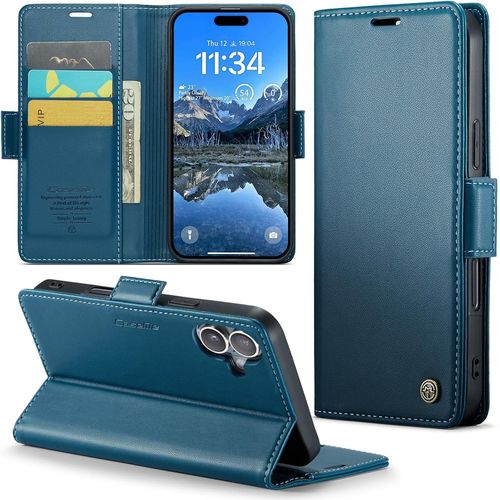 Kal-Coque Pour Iphone 16 Étui Portefeuille Wallet Cover En Cuir Pu Avec Cartes Magnétique Et Rfid Protection Antivol Folio Housse Iphone 16 Case, Bleu