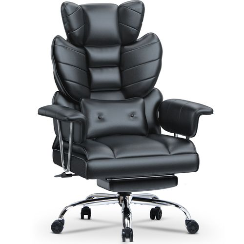 Chaise De Bureau En Cuir À Dossier, Chaise De Direction Avec Repose Pieds Et Support Lombaire, Fauteuil De Direction, Noir