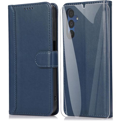 Coque Pour Samsung Galaxy A15 4G / 5G Avec Verre Trempé,Housse En Cuir Protection Portefeuille De Magnétique Case Cover - Bleu