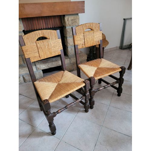 6 Chaises Rustiques En Bois Marron, Assise Et Dossier Paillés