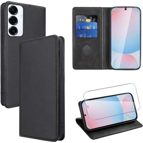 Kal-Coque Cuir Pour Samsung Galaxy S24 Fe 5g Avec 1 Verre Trempé Etui À Rabat En Pu Porte-Cartes Portefeuille Support Flip Housse Magnétique Antichoc Anti-Rayures Case,Noir