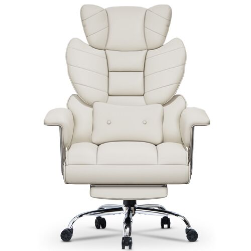 Chaise de Bureau en Cuir à Dossier, Chaise de Direction avec Repose Pieds et Support Lombaire, Fauteuil de Direction, Blanc