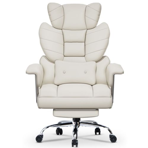 Chaise De Bureau En Cuir À Dossier, Chaise De Direction Avec Repose Pieds Et Support Lombaire, Fauteuil De Direction, Blanc