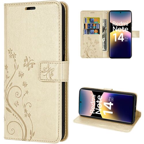 Coque Pour Xiaomi Redmi Note 14 Pro 5g (Pas Pour 4g) Protection Cuir Synthétique Antichoc Doré Motif Papillon Fleurs - Efconnection