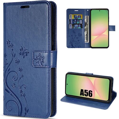 Coque Pour Samsung Galaxy A56 5g, Protection Rabat Cuir Synthétique Anti-Rayures Bleu Marine Motif Floral Papillon - Efconnection