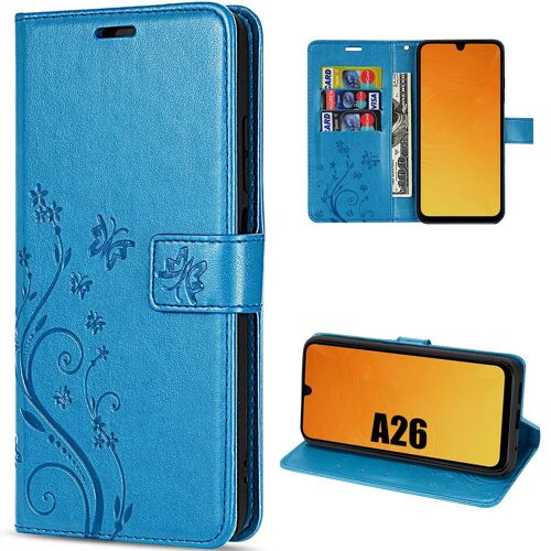 Coque Pour Samsung Galaxy A26 5g, Protection Rabat Anti-Rayures Synthécuir Relief Floral Bleu - Efconnection