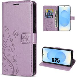 Coque Pour Samsung Galaxy S25, Flip Case Cuir Synthétique Antichoc Anti-Rayures Motif Plante Papillon Violet - Efconnection
