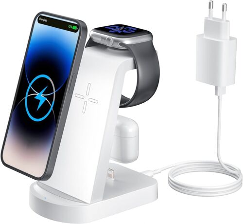 Chargeur Induction 3 en 1, Chargeur Rapide Chargeur Induction Chargeur Station Compatible avec iPhone 17/16/15/14/13/12Pro/Pro Max,Apple Watch Ultra/10/9/8/7/SE/SE2/6/5/4 AirPods321/Pro1 Blanc