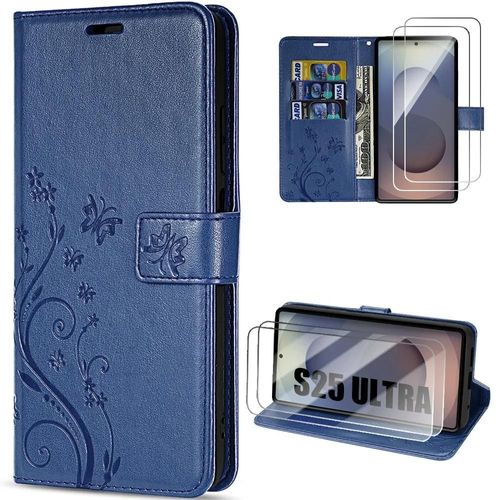 Coque + 2 Verres Trempés pour Samsung Galaxy S25 Ultra, Protection Synthécuir Relief Floral Artistique - Bleu Foncé - EFConnection