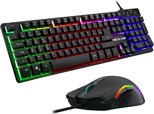 Combo Krypton - Clavier Gaming Azerty Usb Anti-Ghosting + Souris Gaming 6 Boutons 3200 Dpi - Pack Gamer Filaire Pc Ps4 Xbox One Mac Rétro-Éclairage Rgb (Noir)
