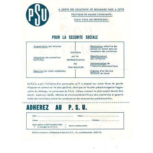 Tract Psu (Parti Socialiste Unifié), Milieu Des Années 1960