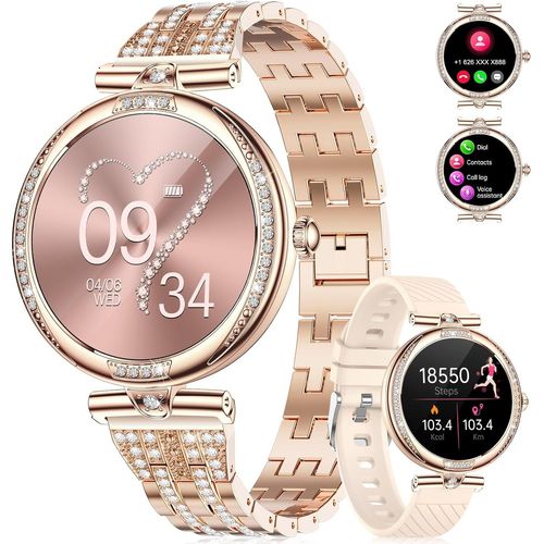 Montre connectée Femme Appels Bluetooth pour Android iOS 1,19"" AMOLED Or rose Acier inoxydable Diamant Smartwatch Petite,Fréquence cardiaque,Moniteur de sommeil,Podomètre,Calories,100+ Mode Sport