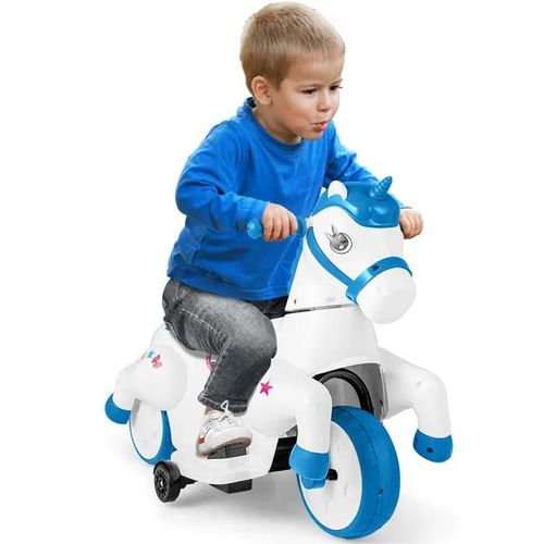 Costway 12v Moto Électrique Enfant Licorne Avec Musique, Roues D'entraînement & Mode Équitation, 3 Km/H, 30kg, 3 Ans+, Bleu