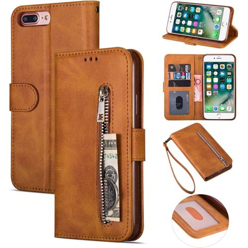 Étui Portefeuille Pour Iphone 6 Plus/Iphone 6s Plus Housse De Protection En Cuir Pu Premium Sac À Main Poche À Fermeture Éclair Magnétique Flip Housse Pour Iphone 6 Plus/6s Plus Marron