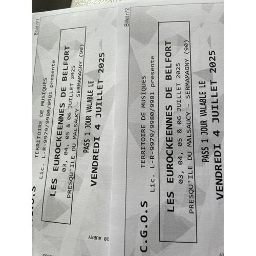 Deux Billets Eurockeennes Belfort 4 Juillet 2025