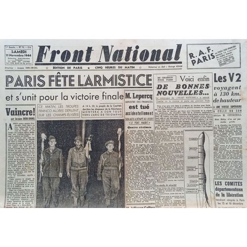 Vieux Journal 39-45 "Front National" Du 11 Novembre 1944 (Ww2, Offensive Américaine, V2, Armistice...)