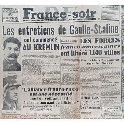 Lot 2 Vieux Journaux "Défense De La France France Soir" Des 1, 3 Et 4 Décembre 1944