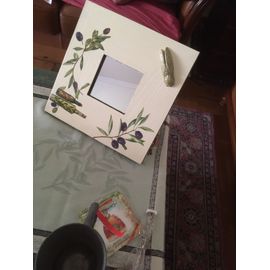 Cadre bois peint avec des branches d'olivier, avec miroir au milieu fait main