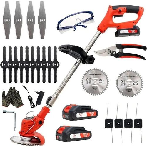 Debroussailleuse Electrique sans Fil, Débroussailleuse à Gazon sans balais avec 2 Batteries et 4 Lames avec poignée réglable