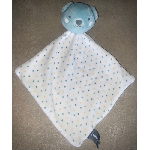 Doudou Ours Tête Bleue Orchestra Mouchoir Velours Blanc Pois Multicolores Peluche Ourson Jouet Bébé Comforter Soft Toy Teddy Bear Baby 