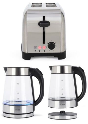 Bouilloire 1.7L Acier Inox Argent/Noire 2200W + Grille-Pain acier inoxydable 850W