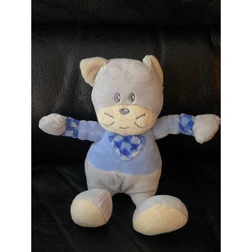 DOUDOU PELUCHE CHAT AJENA GRIS HAUT BLEU COEUR VICHY 20CM