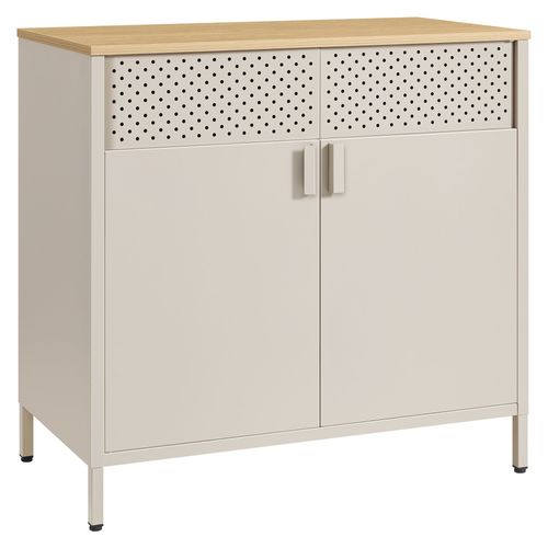 Meuble De Rangement, Buffet, En Métal, Double Porte, Fermeture Magnétique, Cadre En Acier, 40 X 80 X 76 Cm, Beige Sable Et Beige Naturel