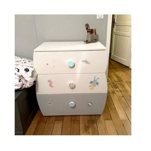Commode 3 Tiroirs Sauthon Collection Blanc & Gris Placard Chambre Jeune Enfant Mixte Fille Garcon Demontable Meuble Rangement Ameublement Pratique 85x50 Cm