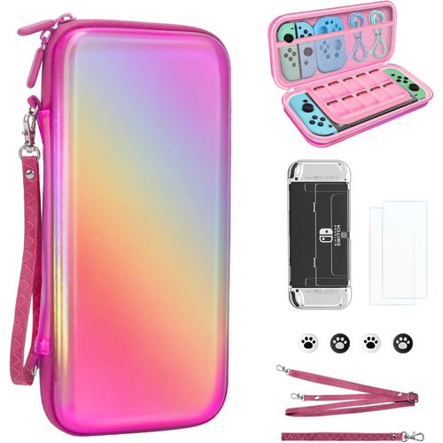 Pochette Compatible avec Nintendo Switch OLED,10 en 1 Kit d'accessoires Housse Switch pour Console et Jeux,Rigide étui de Voyage Portable Con Coque,Protections d'écran(Rosa)
