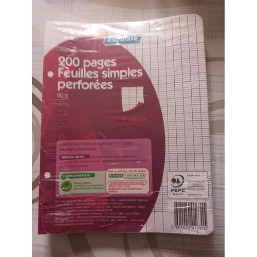 200 Pages, Feuilles Simples Perforées 90 G, 17x22 Cm