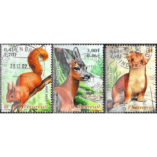 France 2001, Beaux Timbres Yvert 3381 3382 Et 3384, Nature De France, L'Écureuil, Le Chevreuil Et L'Hermine, Oblitérés, Tbe.