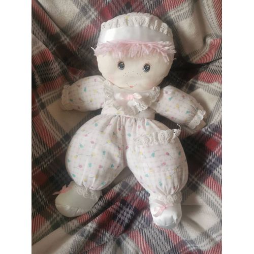 Poupée Chiffon Pieds Bonnet Satin Bavoir Brodé Poche Tissu Vichy Rose Fleurs Tulipes Multicolores Cheveux Laine Cp Vintage