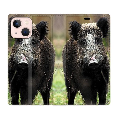 Housse Cuir Portefeuille Pour Iphone 13 Chasse Sanglier Bois